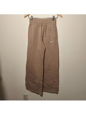 Nike phoenix high waist wide leg women Brown/Tan Sweatpants with White Swoosh